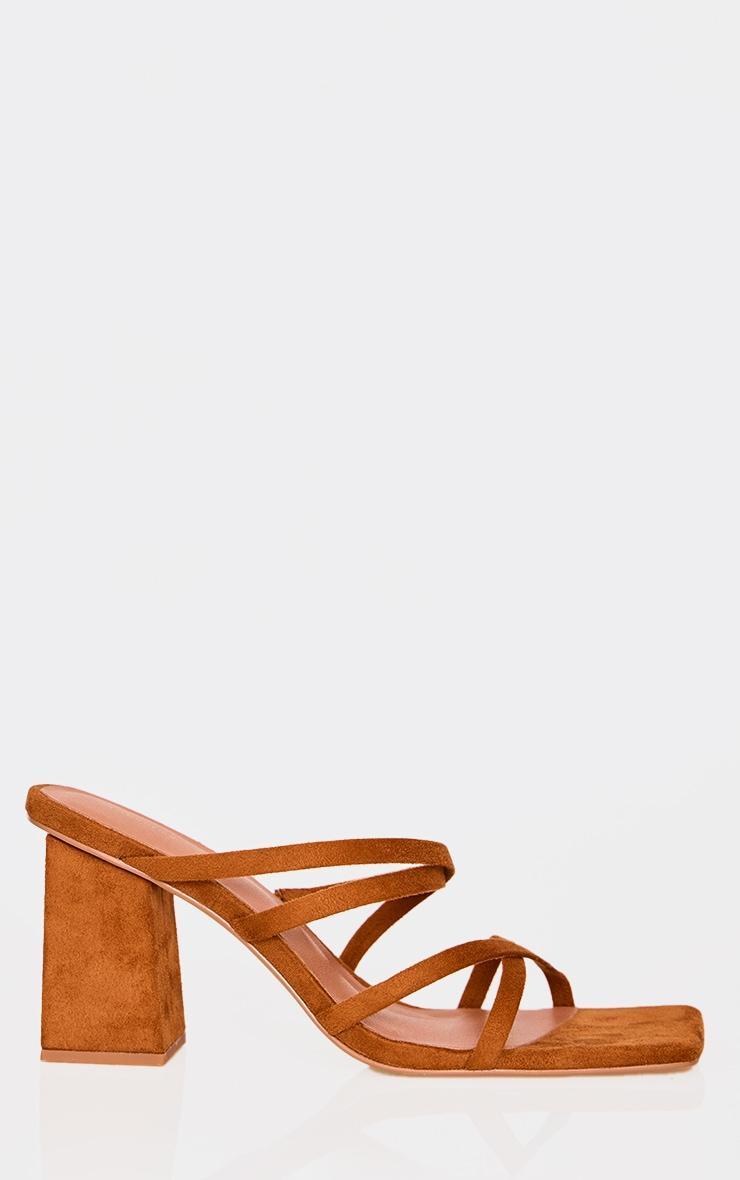 Tan Faux Suede Square Toe Strappy Block Heel Mules Product Image