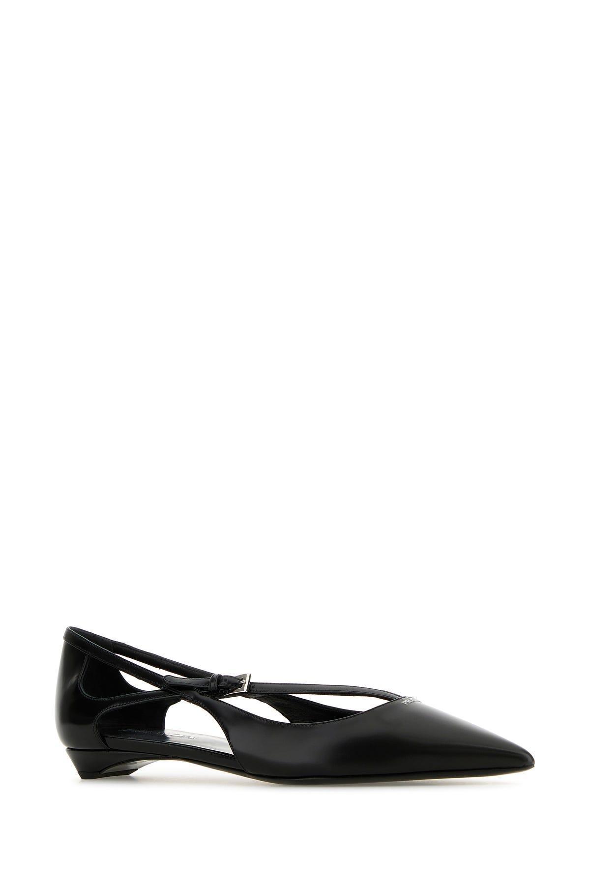 PRADA Leather Crisscross Buckle Ballerina Flats In Black Product Image