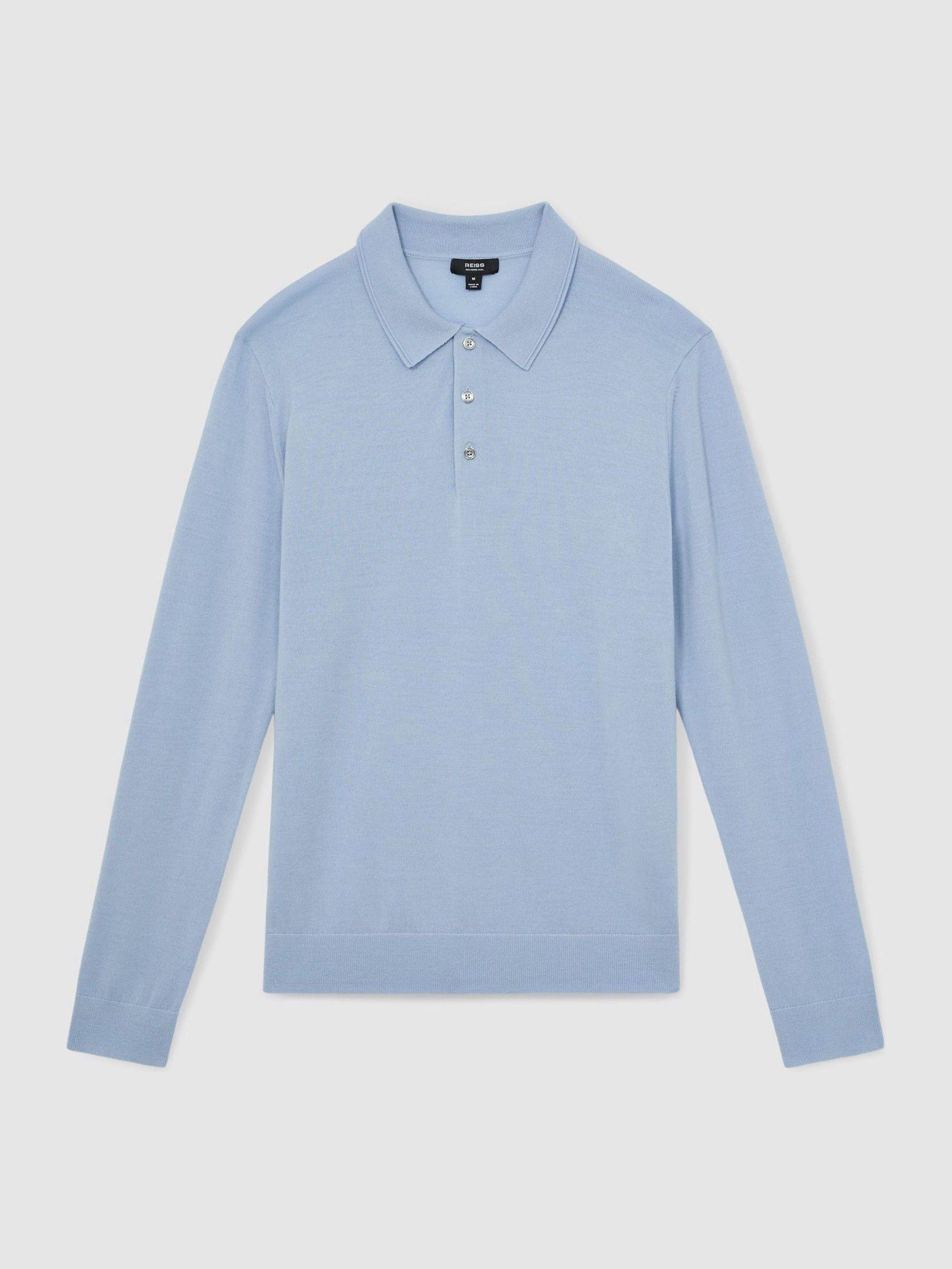 Merino Wool Long Sleeve Polo Shirt in Soft Blue Product Image