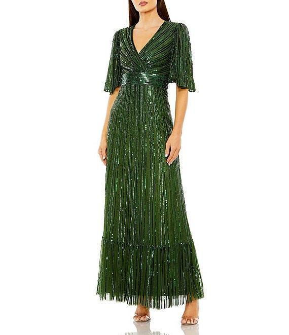 Mac Duggal Ruffle Sleeve V-Neck Sequin Gown Product Image