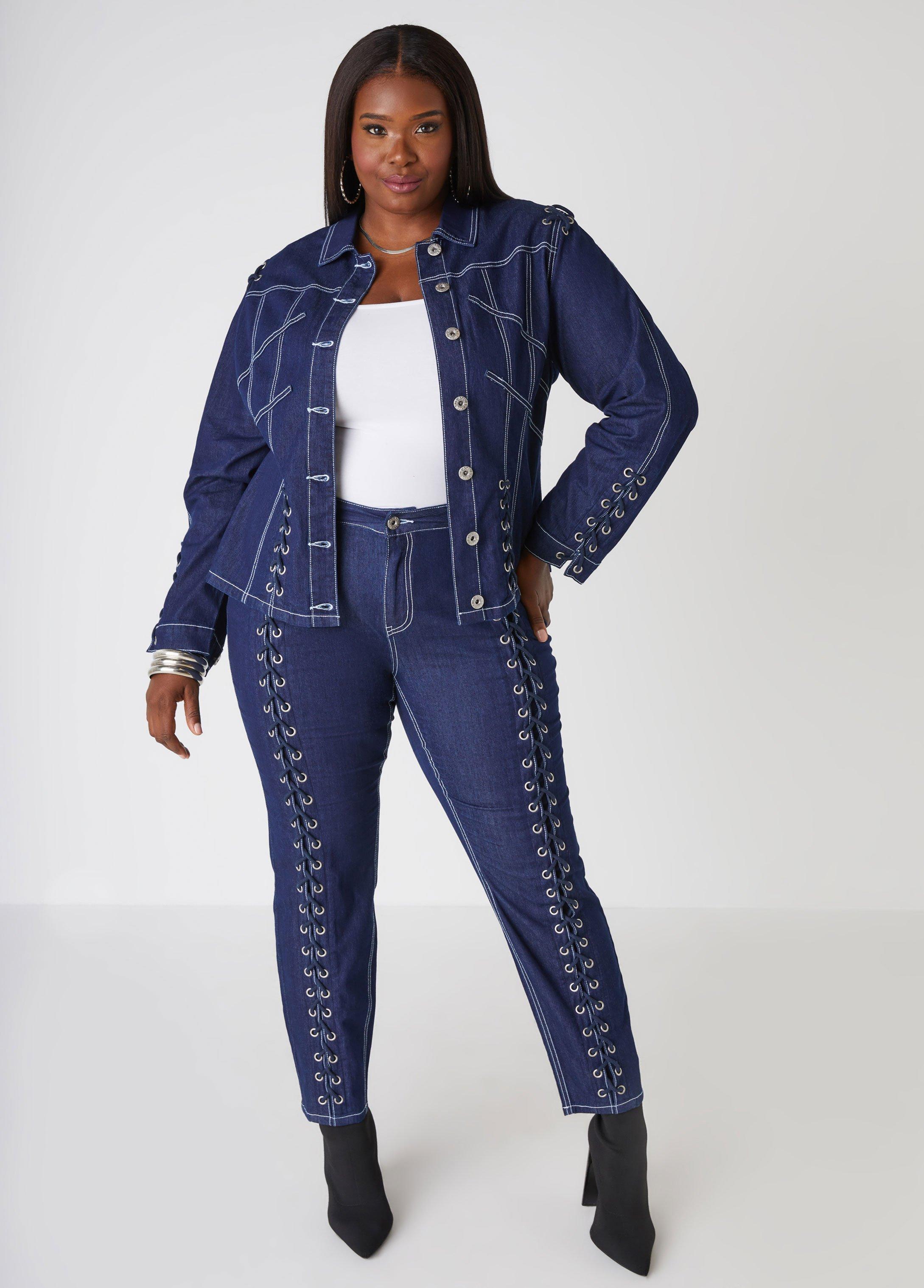 Plus Size Lace Up Denim Jacket Ashley Stewart Product Image