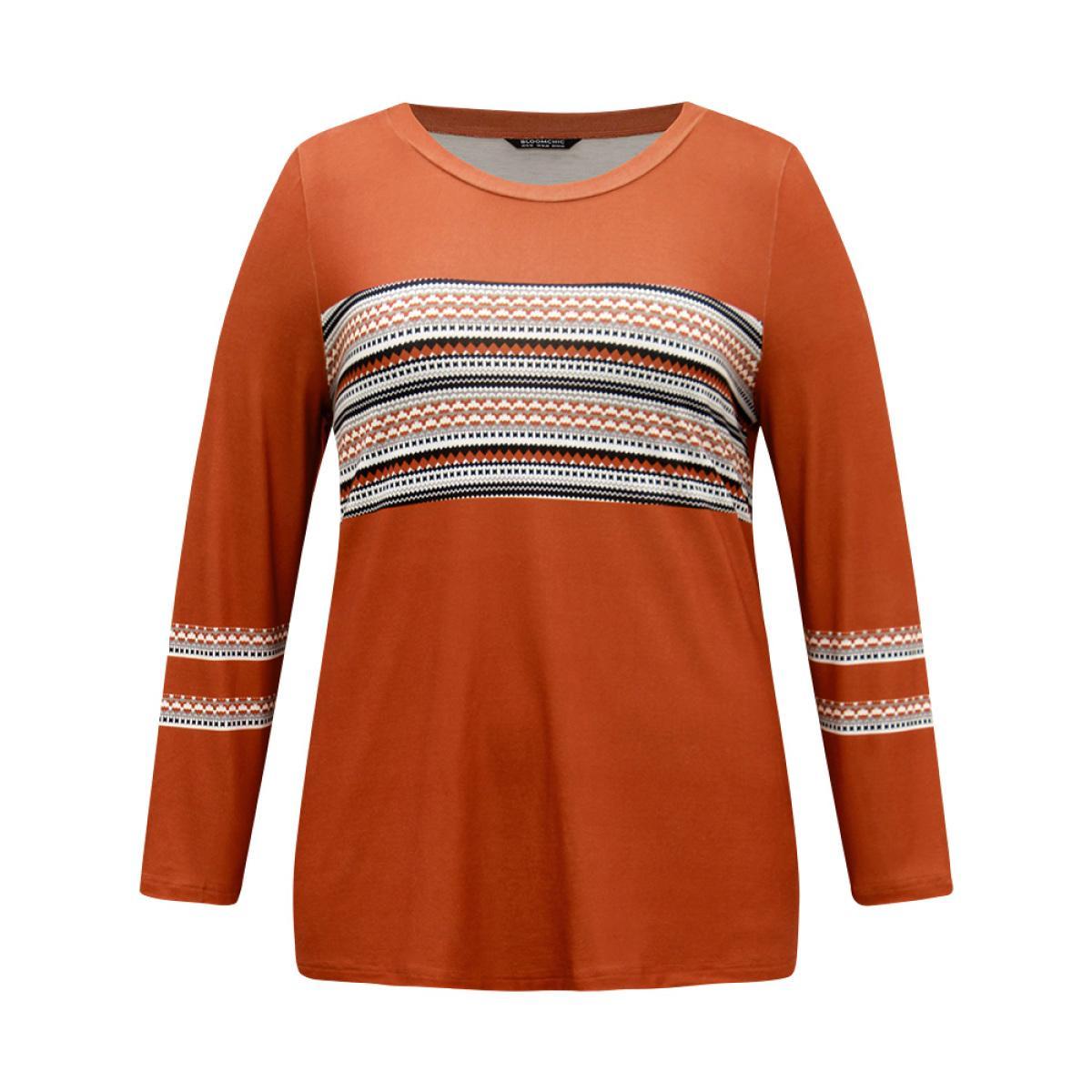 Plus Size Boho Print Patchwork Crew Neck T-shirt OrangeRed Women Casual Printed Bohemian Print Round Neck Dailywear T-shirts BloomChic 14-16/1X Product Image