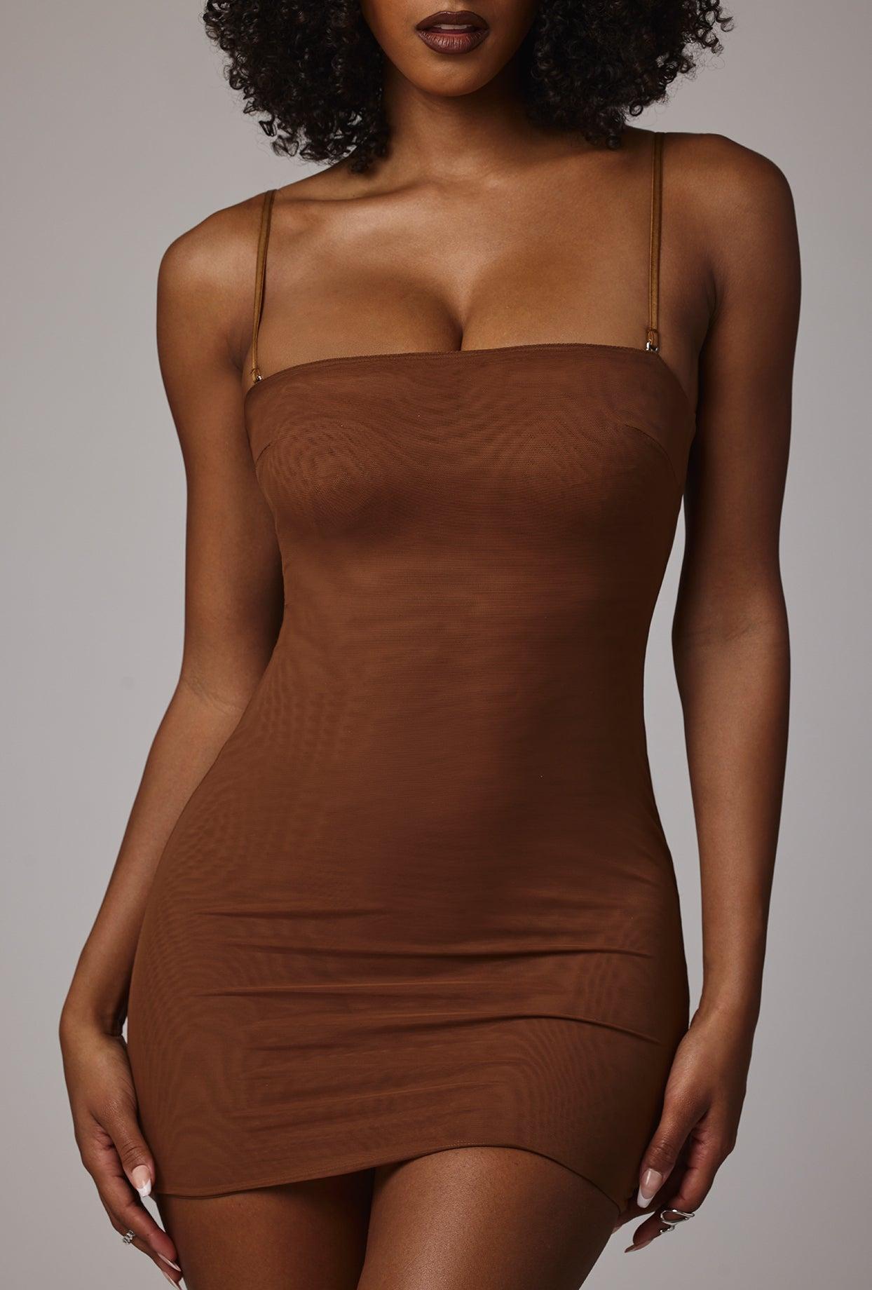 Soft Mesh Mini Slip Dress in Mocha Product Image