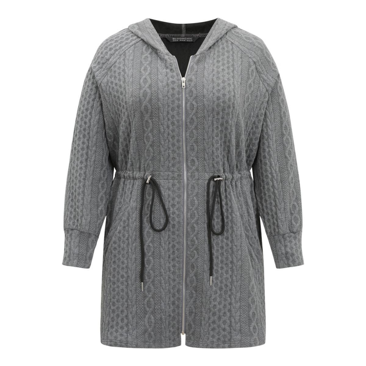Plus Size Cable Knit Zipper Hooded Drawstring Coat Women DimGray Casual Texture Ladies Dailywear Winter Coats BloomChic 12/L Product Image
