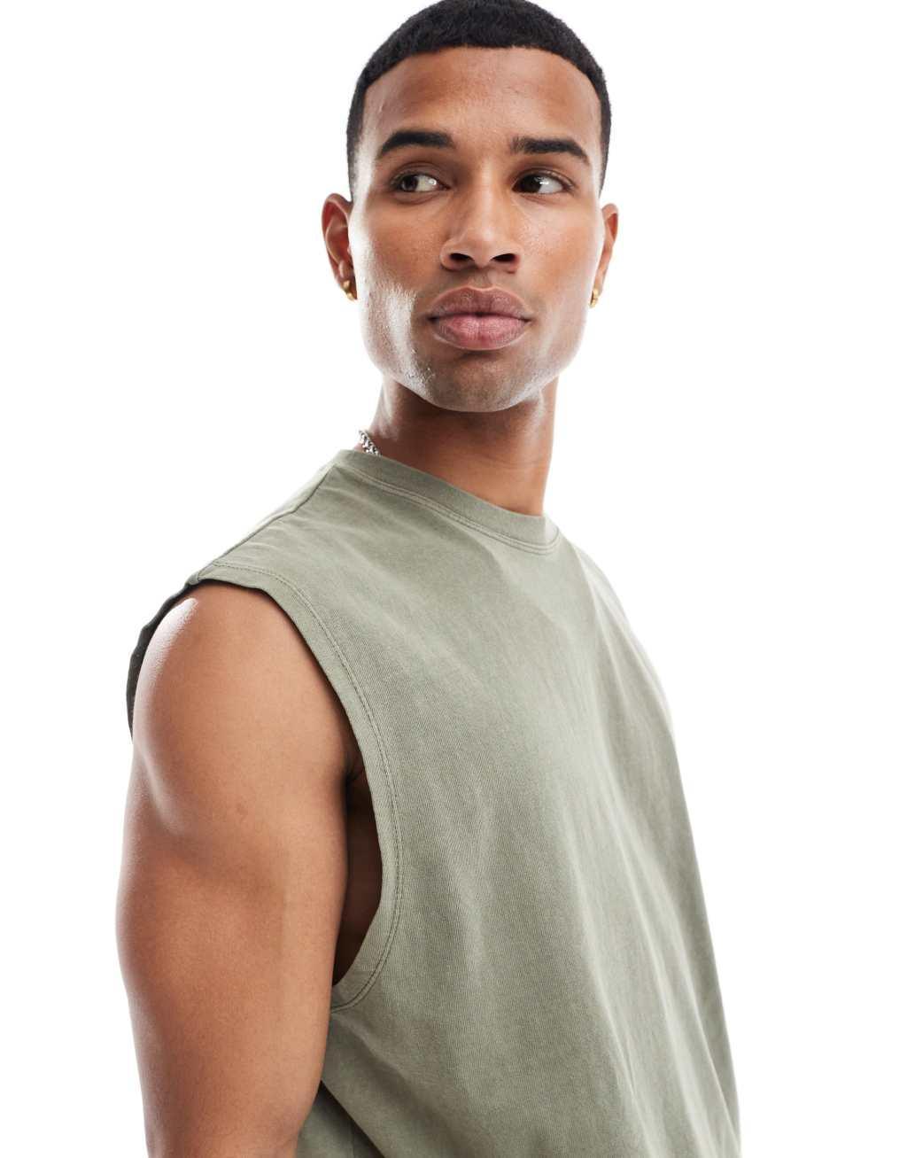 ASOS DESIGN oversized pigment dye tank top in khaki Product Image