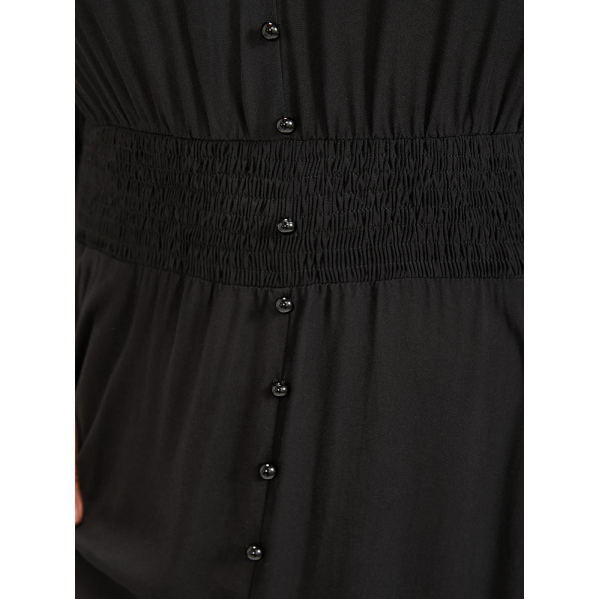 Plus Size Solid V Neck Lantern Sleeve Pocket Button Shirred Split Dress Black Women Elegant Elastic Waist V-neck Elbow-length sleeve Curvy Midi Dress BloomChic 22-24/3X Product Image