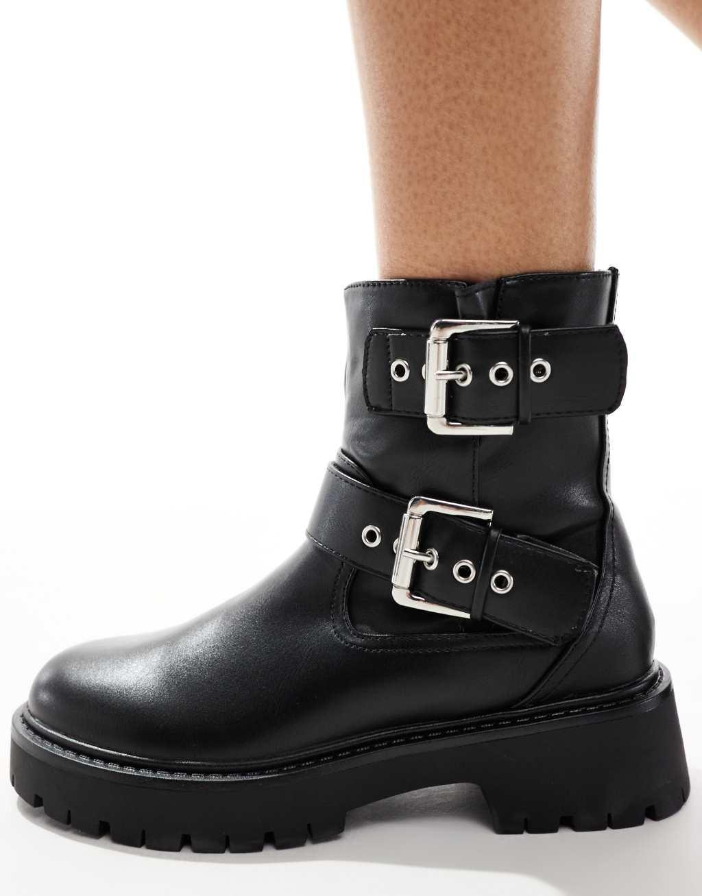 London Rebel Keely buckle biker ankle boots in black  Product Image