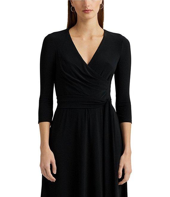 Lauren Ralph Lauren Wrap Front V-Neck 3/4 Sleeve Jersey Machine Washable Midi Dress Product Image