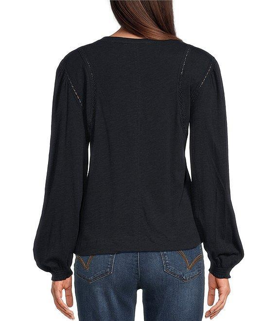 Democracy Petite Size Knit Crew Neck Long Sleeve Crochet Fagoting Detail Top Product Image