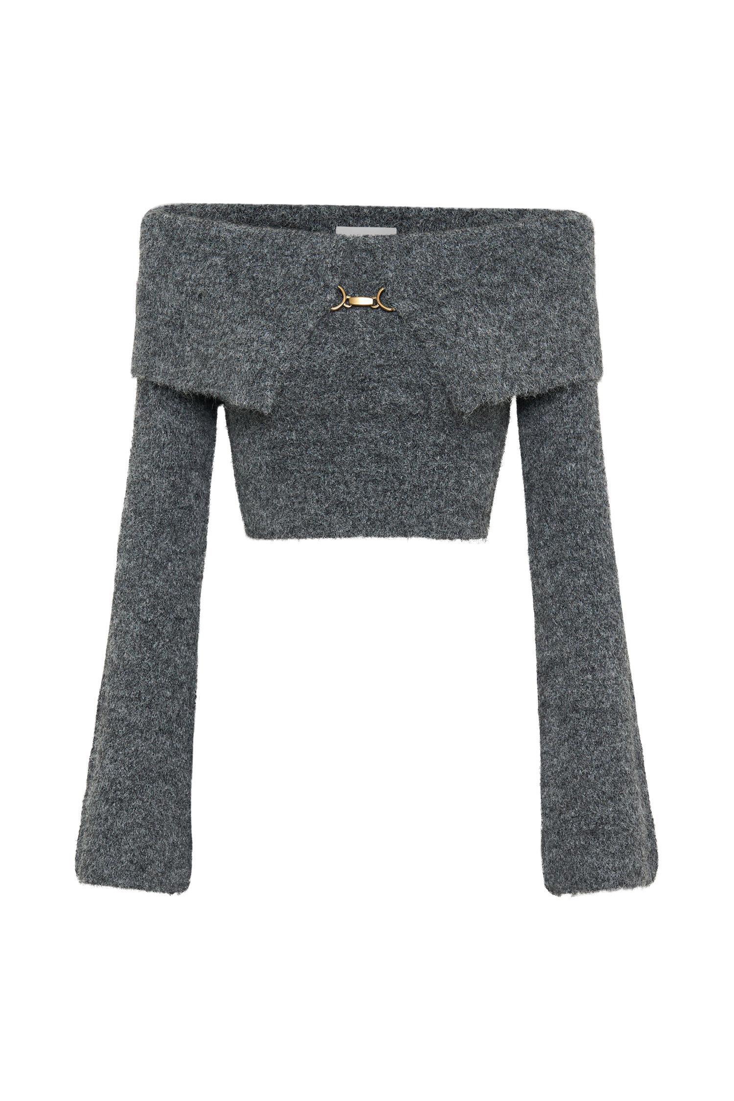 Baxter Off Shoulder Fluffy Knit Top - Charcoal Product Image