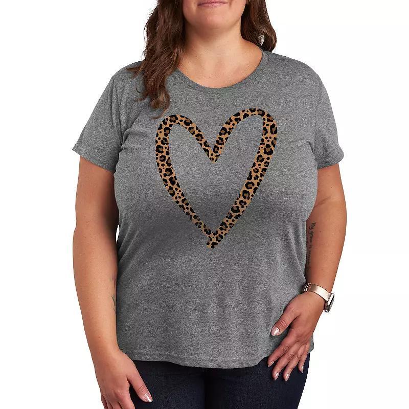 Plus Leopard Print Heart Outline Graphic Tee, Women's, Size: 1XL, Grey Dark Red Product Image