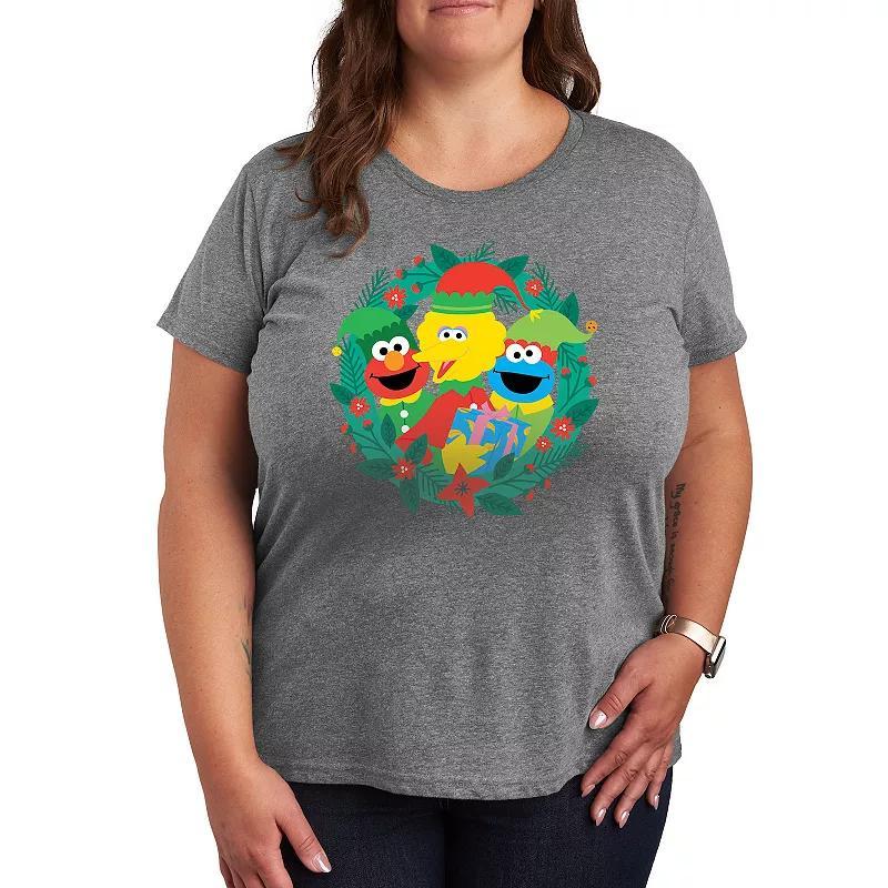 Plus Sesame Street Wreath Graphic Tee, Womens Grey Gray Product Image
