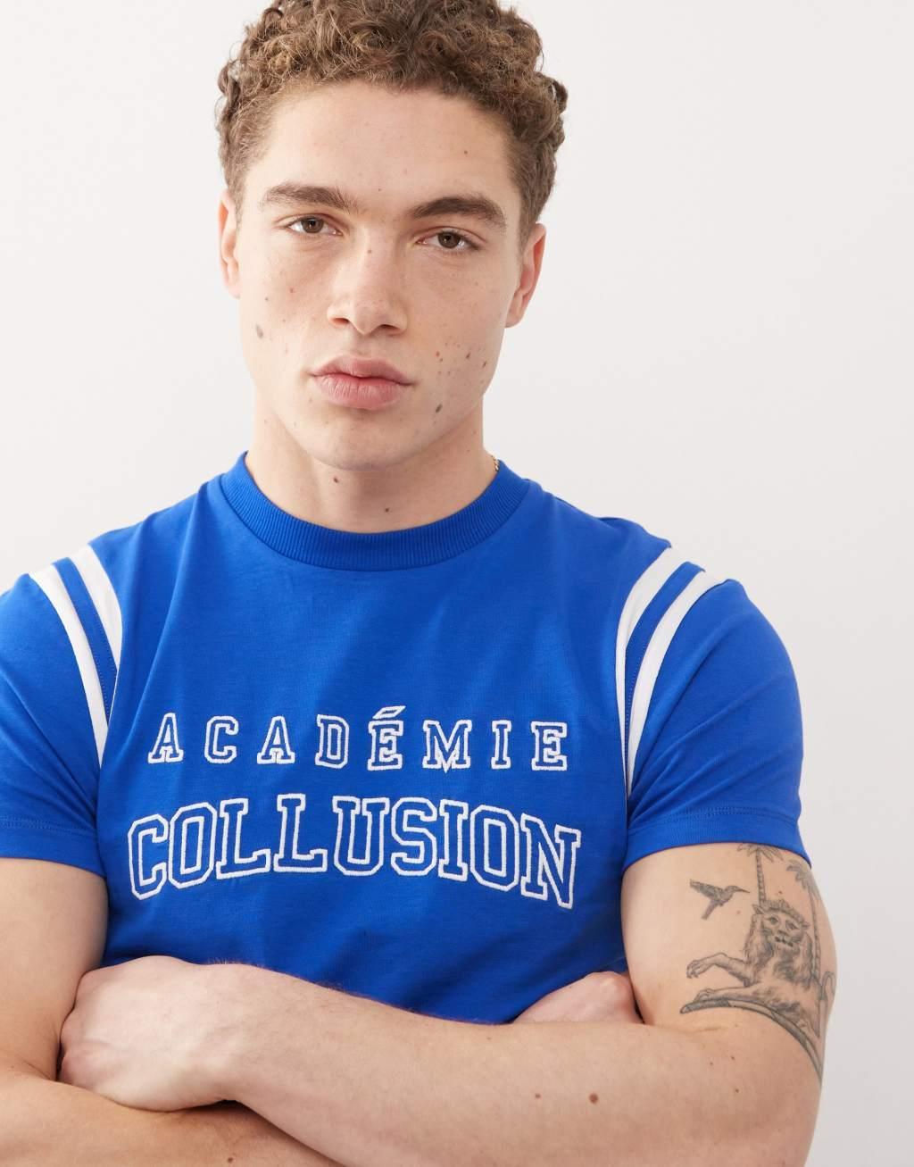 COLLUSION Shrunken athletic t-shirt with football detail in blue  Product Image