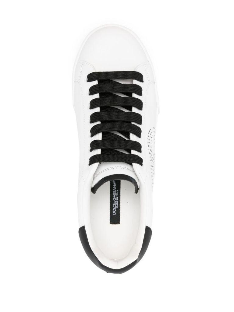 DOLCE & GABBANA Portofino Perforated-logo Leather Sneakers In White,black Product Image