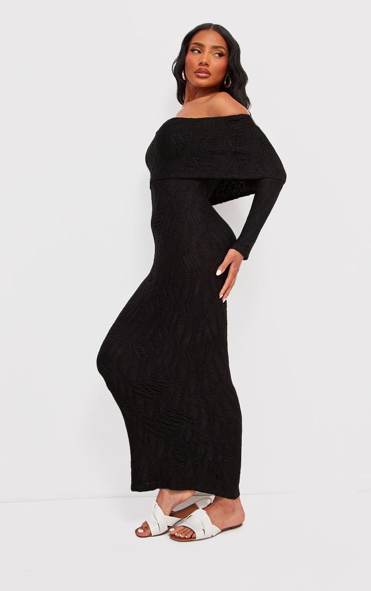 Black Textured Oversized Fold Over Bardot Maxi Dress Product Image