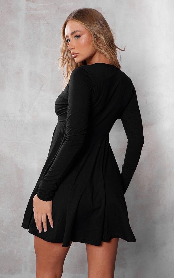  Black Cotton Wrap Long Sleeve Skater Dress Product Image