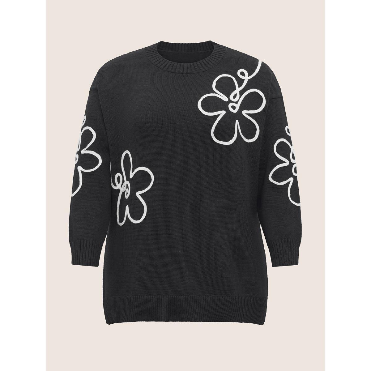 Plus Size Supersoft Essentials Floral Embroidered Crew Neck Pullover Black Women Casual Loose Long Sleeve Round Neck Everyday Pullovers BloomChic 30/6X Product Image