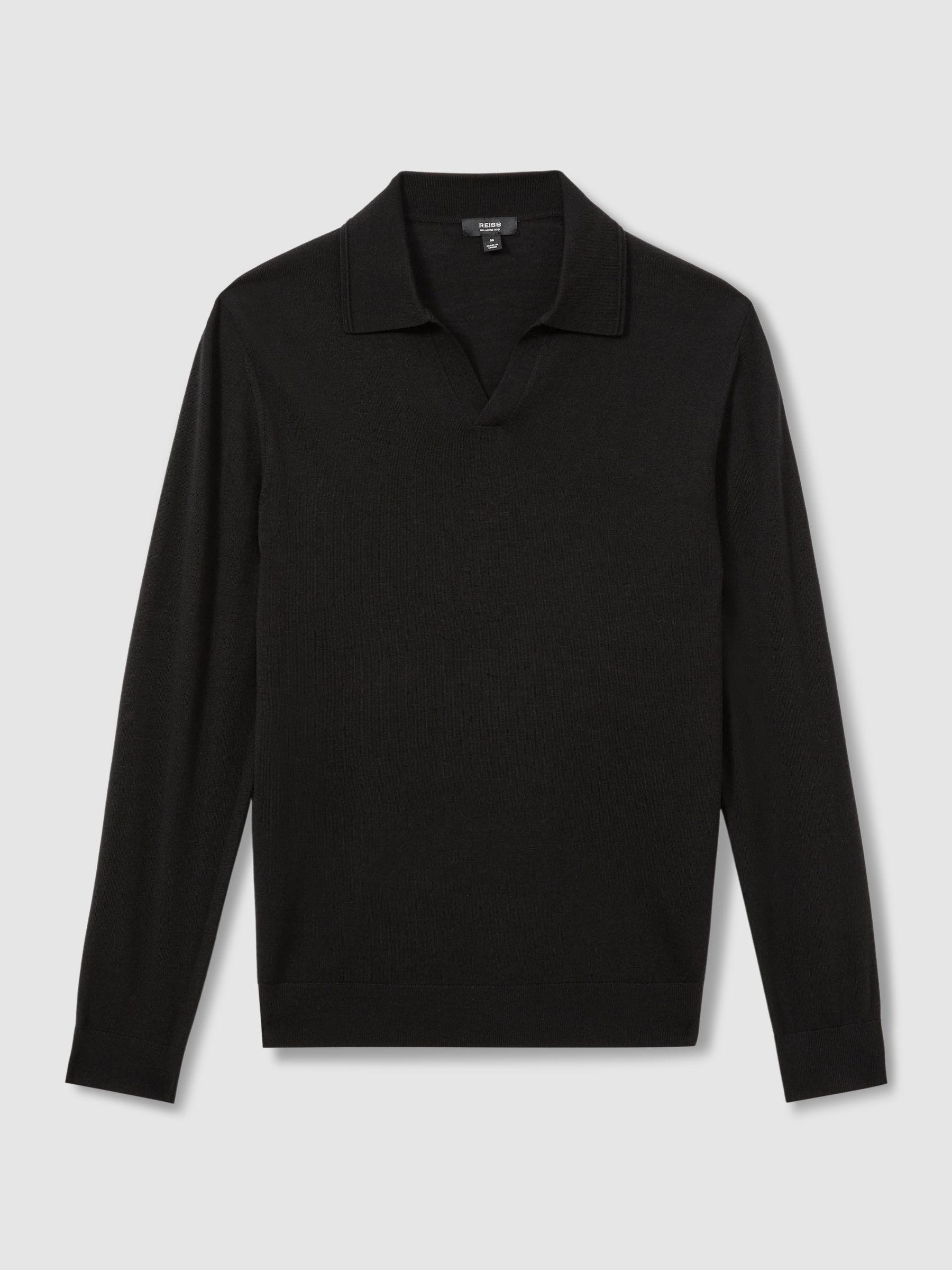 Merino Wool Half-Zip Polo Shirt in Black Product Image