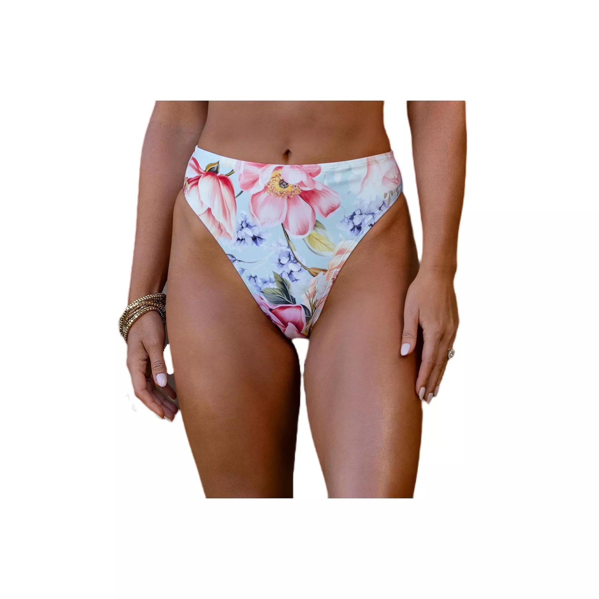 Women's Cupshe High-Waist Floral Swim Bottoms, Size: Large, Light Blue Bloom Product Image