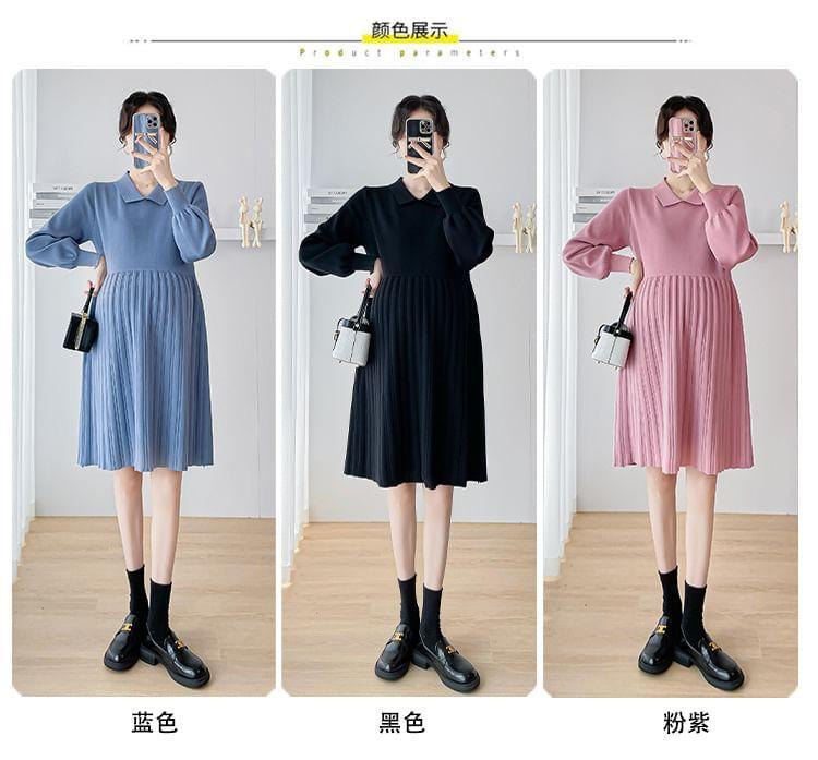 Maternity Long-Sleeve Collar Plain A-Line Knit Dress Product Image