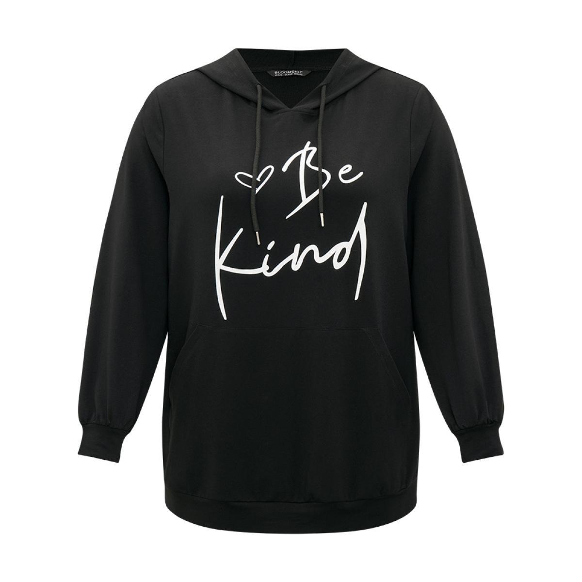 Plus Size Letter Print Pocket Drawstring Hooded Sweatshirt Women Black Casual Elastic cuffs Dailywear Sweatshirts BloomChic 12/L Product Image