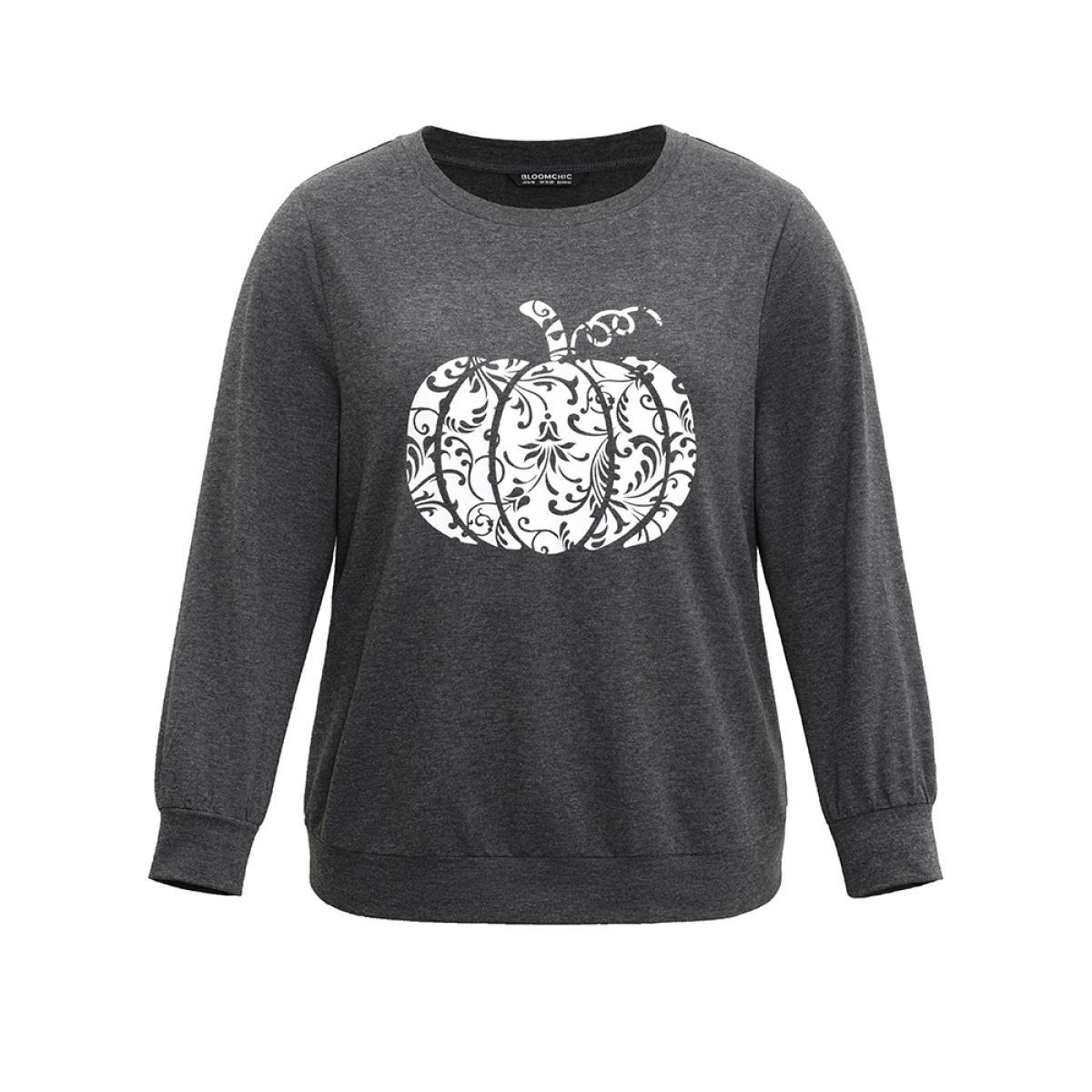 Plus Size Pumpkin Print Crew Neck Knit Sweatshirt Women DimGray Casual Printed Dailywear Sweatshirts BloomChic 30/6X Product Image