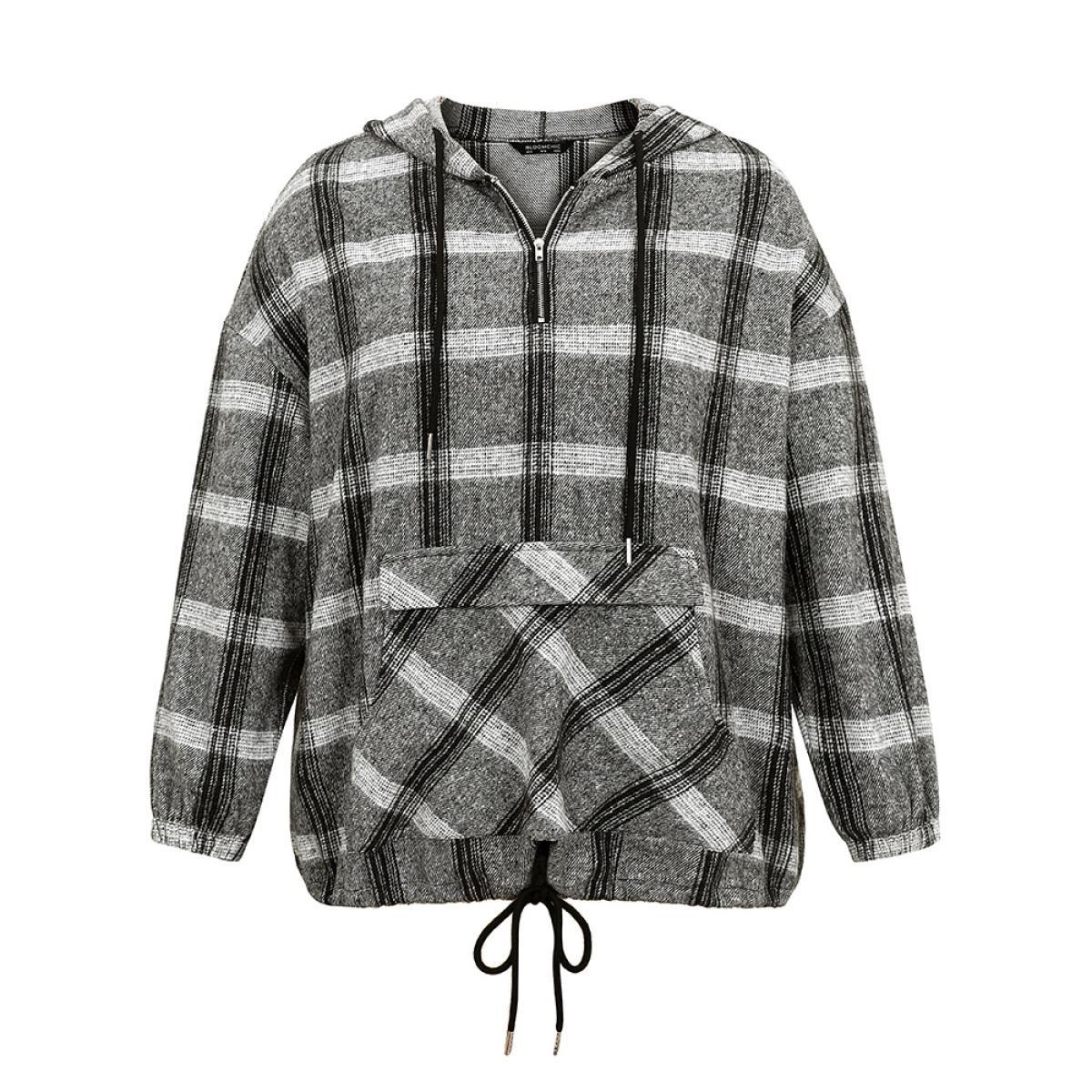 Plus Size Plaid Half Zip Pocket Hooded Sweatshirt Women DimGray Casual Elastic cuffs Hooded Everyday Sweatshirts BloomChic 14-16/1X Product Image