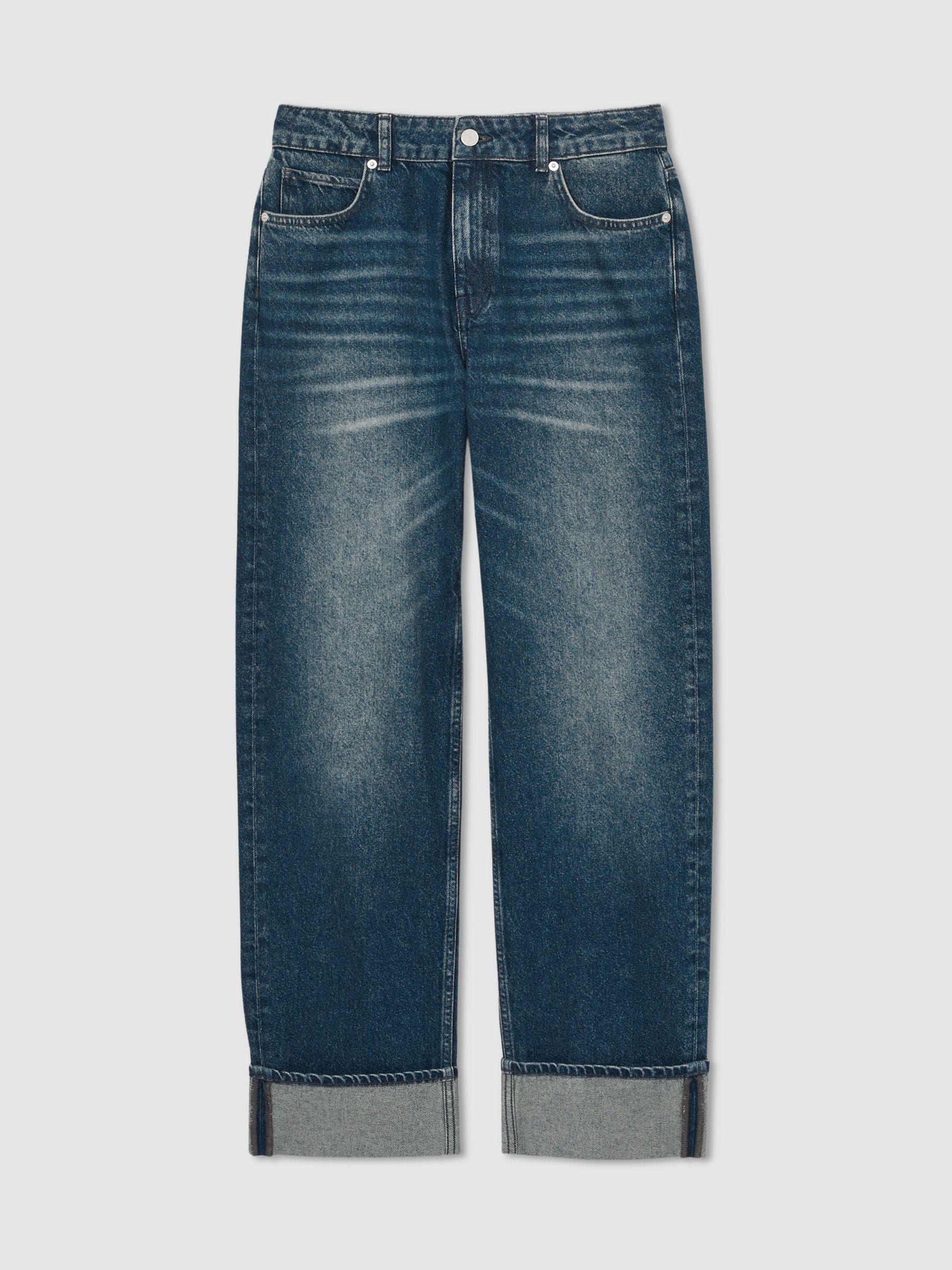 Straight-Leg Turn-Up Jeans in Mid Blue Product Image