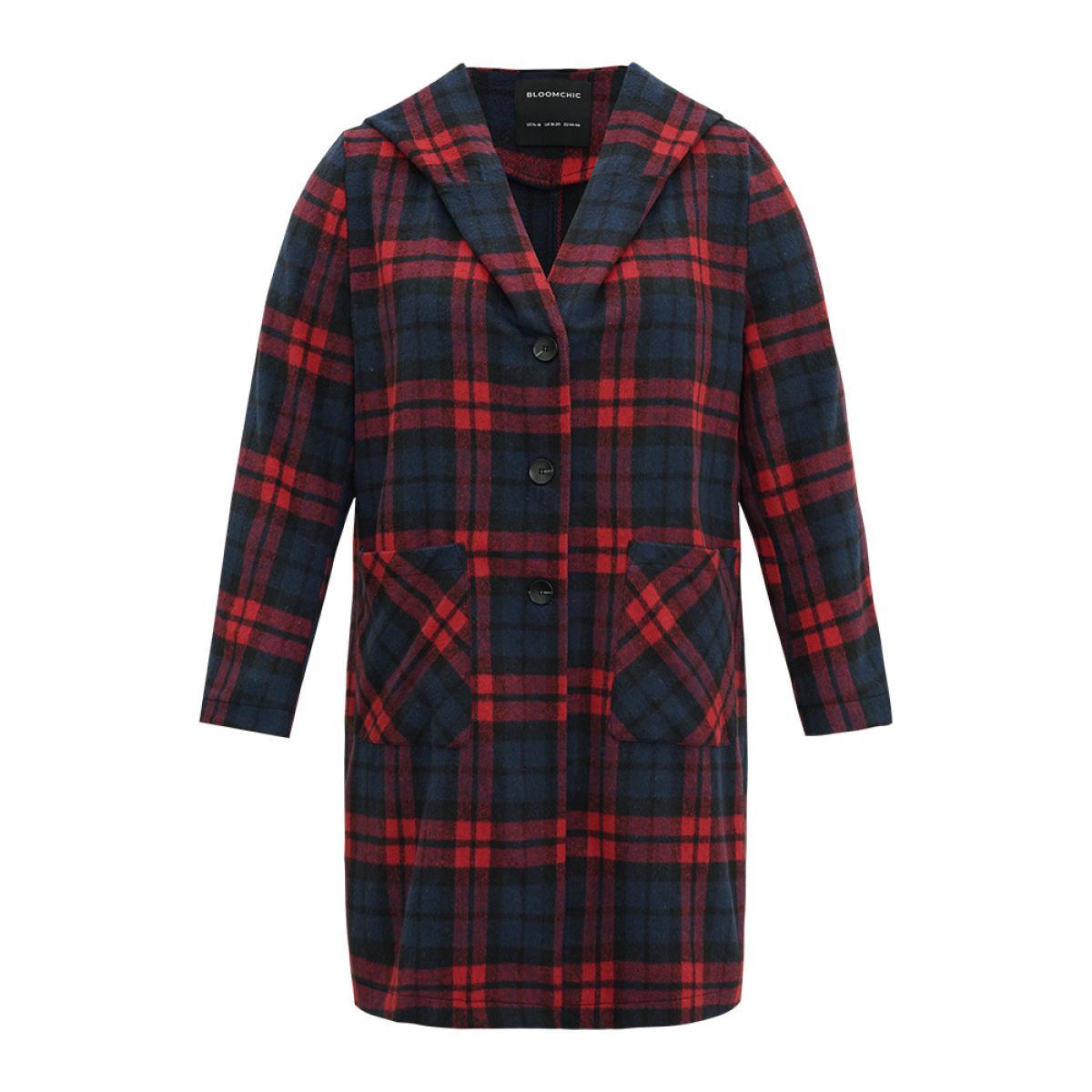 Plus Size Plaid Button Through Pocket Hooded Coat Women Indigo Casual Contrast Ladies Everyday Winter Coats BloomChic 26/4X Product Image