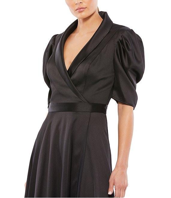 Mac Duggal Satin Surplice V-Neck Short Puffed Sleeve A-Line Midi Dress Product Image