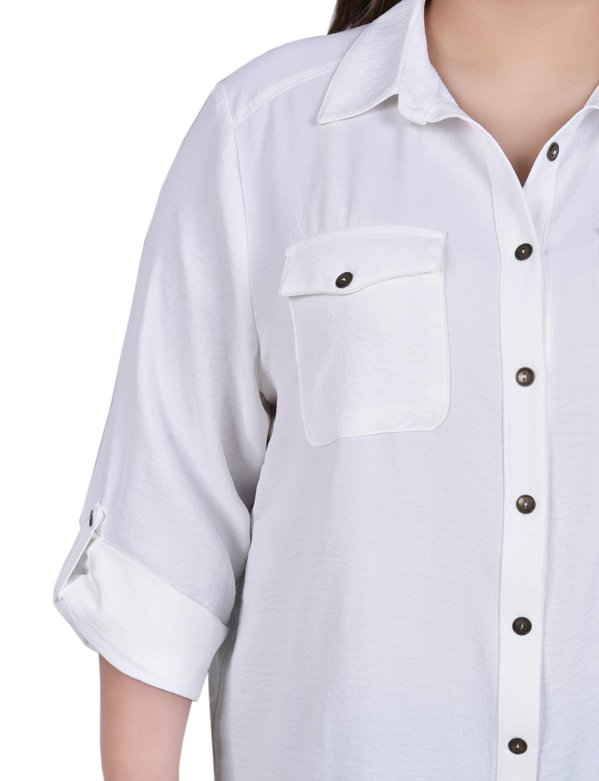 White Long Sleeve Roll Tab Blouse - Plus Size Product Image