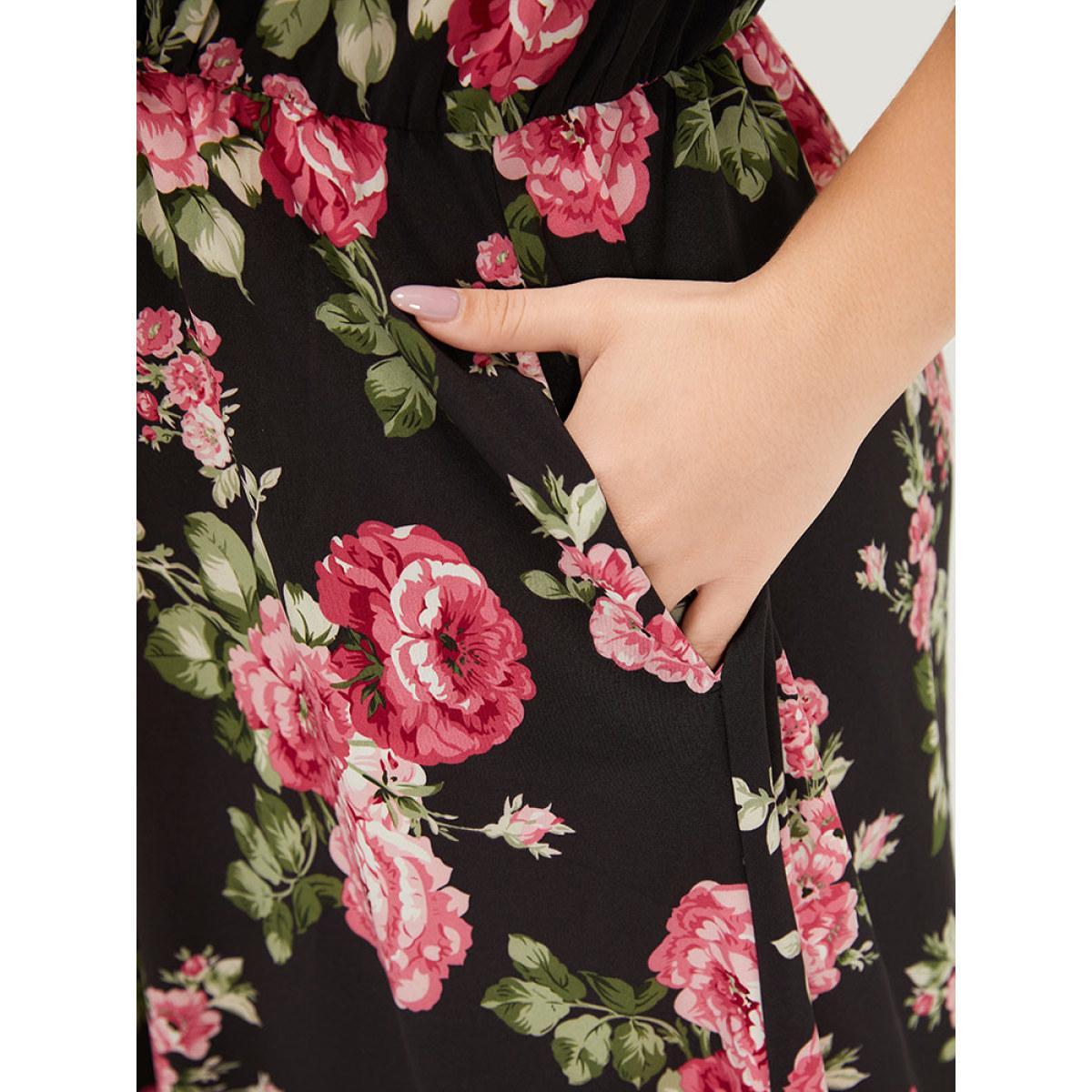 Plus Size Floral Print Ruffle Sleeve Pocket V Neck Wrap Dress BlackFlower Women Elegant Printed V-neck Short sleeve Curvy Midi Dress BloomChic 14-16/1X Product Image