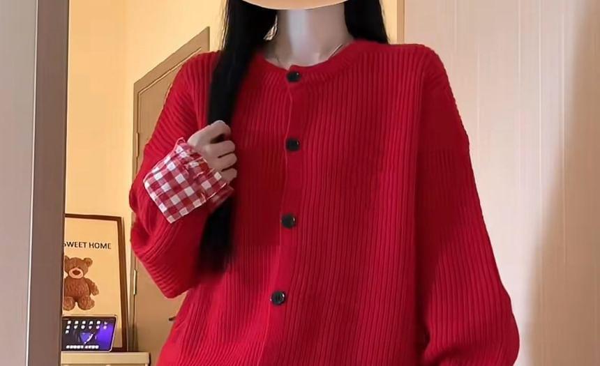 Round Neck Plain Gingham Panel Ribbed Cardigan Product Image