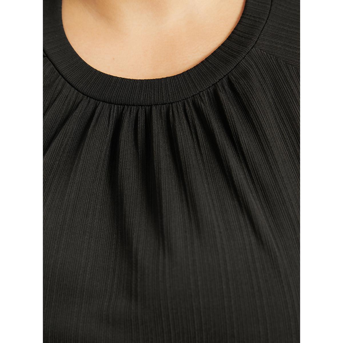 Plus Size Rib Knit Solid Pocket Pleated Belted Dress Black Women Casual Plain Round Neck Long Sleeve Curvy Midi Dress BloomChic 10/M Product Image
