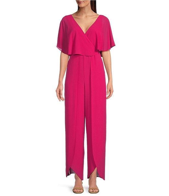 Kensie Chiffon Surplice V-Neck Short Flutter Sleeve Ruffle Overlay Wide Leg Jumpsuit Product Image