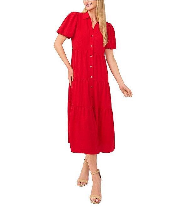 CeCe Gauze Point Collar Short Puff Sleeve Button Front Tiered Midi Shirt Dress Product Image
