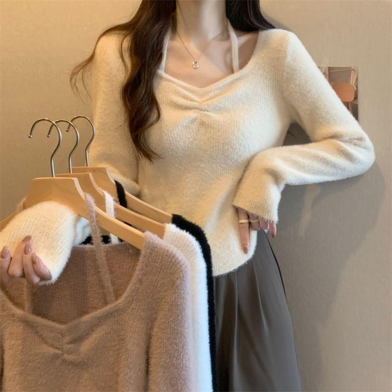 V-Neck Plain Ruched Sweater Product Image