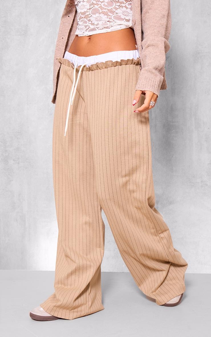 Beige Pinstripe Contrast Waistband Wide Leg Pants Product Image