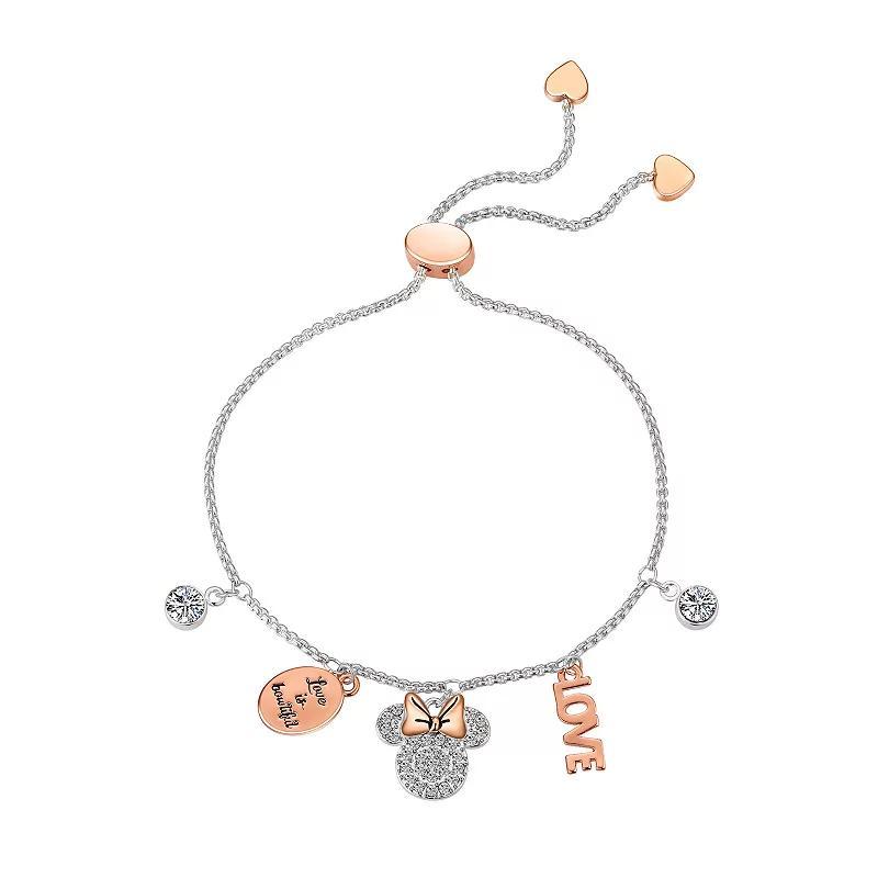 Disneys Minnie Mouse Two Tone Crystal Love is Bowtiful Charm Bolo Bracelet, Womens Product Image