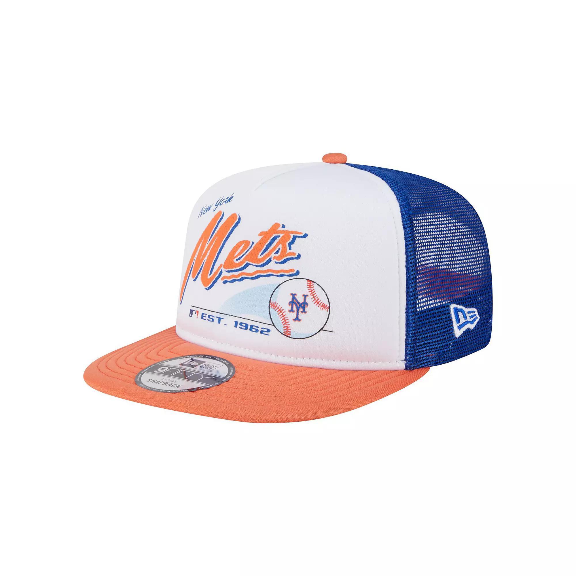 Men's New Era White/Orange New York Mets Retro Script Trucker 9FIFTY Snapback Hat Product Image