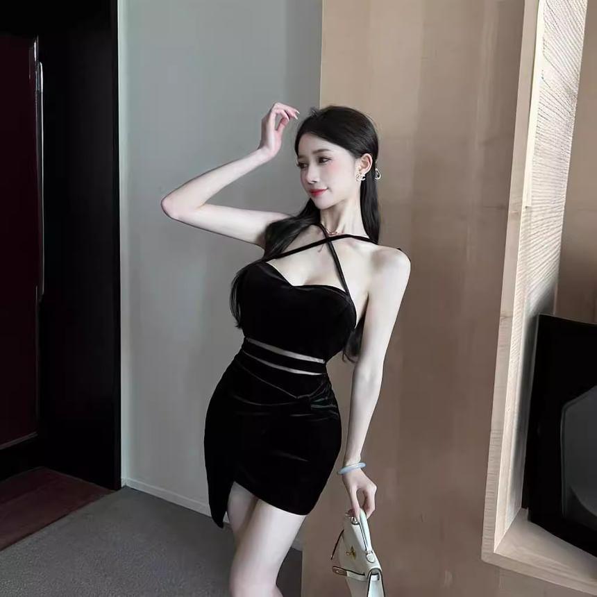 Cross Strap Plain Mini Bodycon Dress Product Image