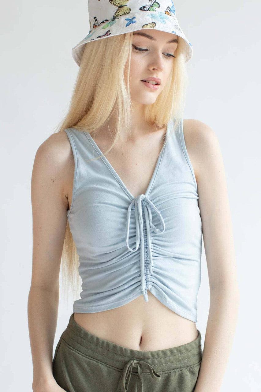 Blue Ruched Tie V Neck Tank Product Image