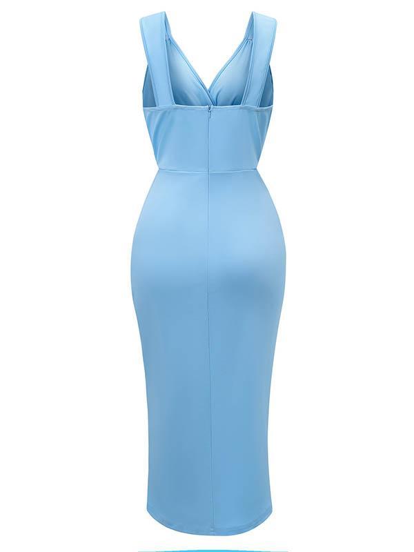 Bodycon Sleeveless Pleated Solid Color Split-front Zipper V-neck Midi Dresses Product Image