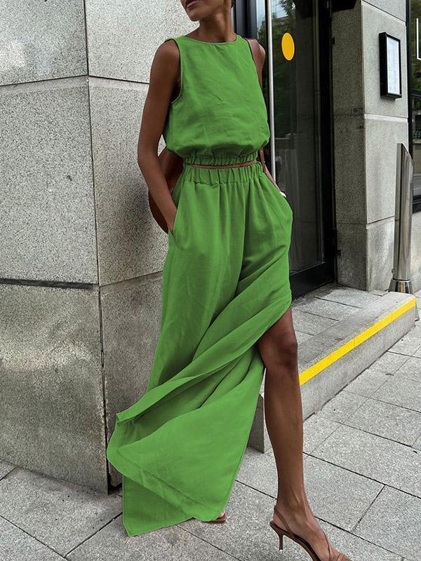 Loose Elasticity Solid Color Split-Joint Round-Neck Vest + High Waisted Split-Side Pants Two Pieces Set Product Image