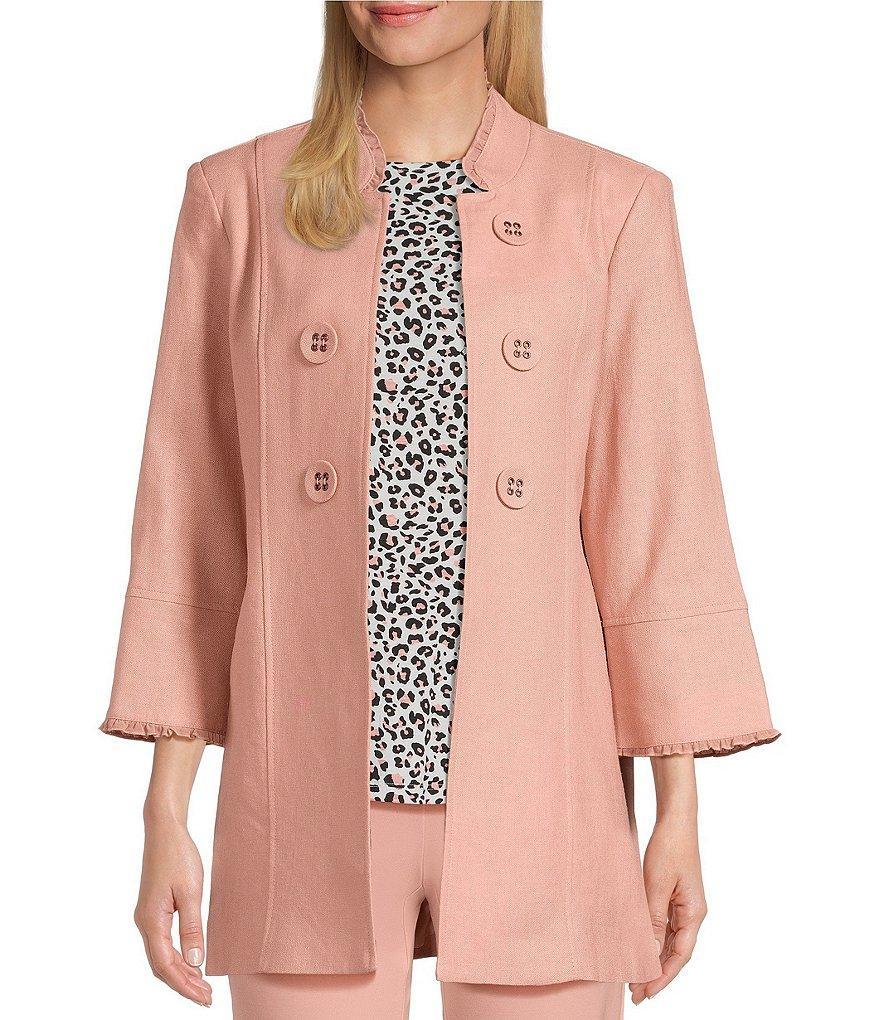Multiples Linen-Blend Stand Collar 3/4 Flounce Sleeve Open Front Jacket Product Image