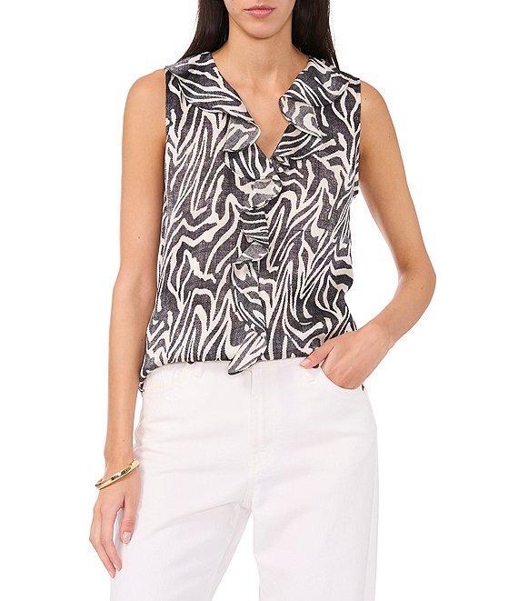 Vince Camuto Satin Zebra Print V-Neck Sleeveless Ruffle Front Blouse Product Image