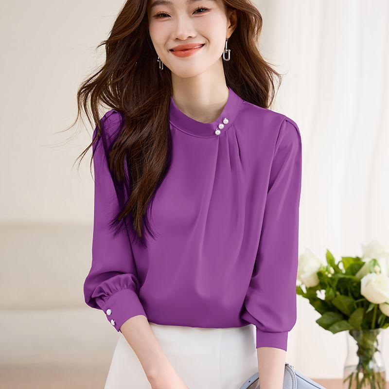 Long-Sleeve Stand Collar Plain Faux Pearl Accent Ruched Blouse Product Image