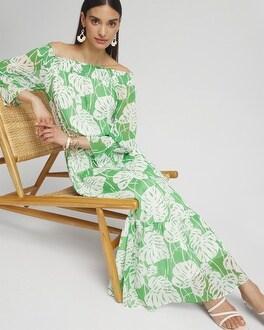 Chiffon Palms Smocked Shoulder Dress Product Image