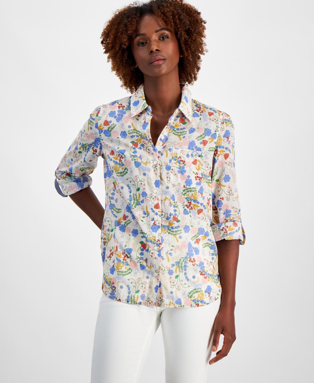 Tommy Hilfiger Womens Cotton Floral-Print Roll-Tab Shirt Product Image