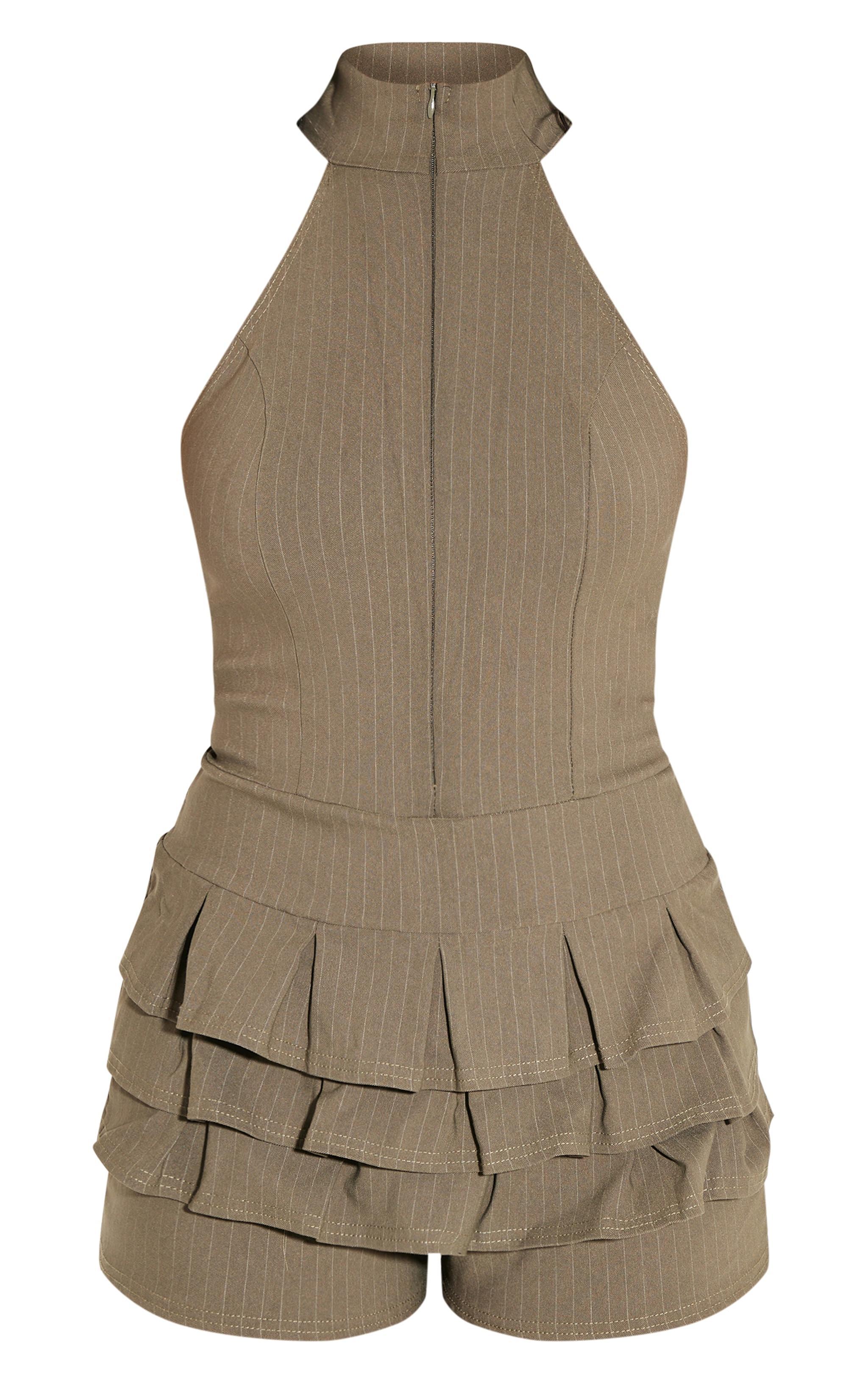  Khaki Stretch Woven High Neck Rara Skort Romper Product Image